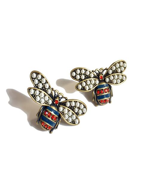 

luxury designer jewelry women stud insect honeybee earrings copper with gold plated fashion retro pearl hoop earrings for party bi1972752, Golden;silver