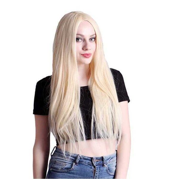 

wig womens long straight hair beige mid length light gold chemical fiber silk wi, Black