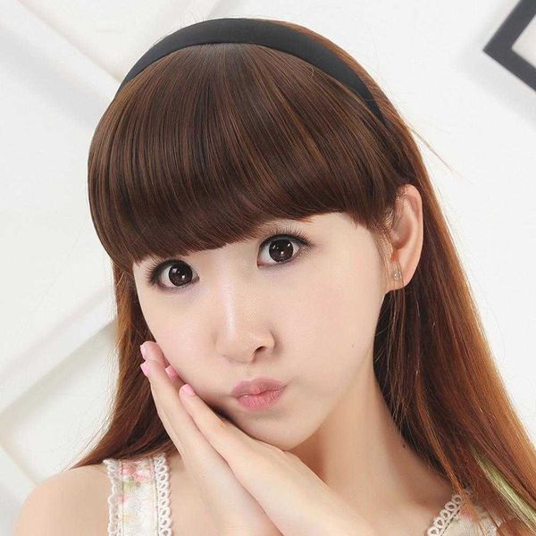 

fake bangs headband hair fashion female straight realistic, Black;brown
