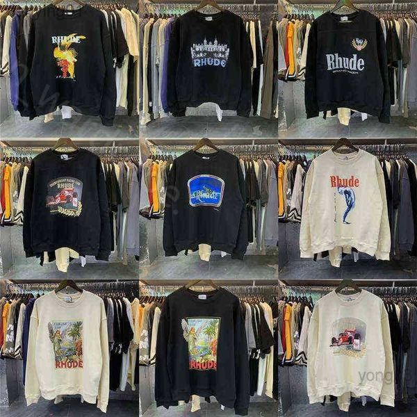 

men's hoodies sweatshirts rhude hoody it has fluff men heavy fabric rice ear print 100% cotton terry crewneckcp7, Black