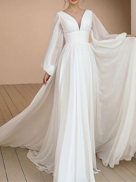 

elegant summer wedding dress 2023 a-line v neck pleats long sleeves chiffon bridal gowns sweep train plus size vestidos de novia, White