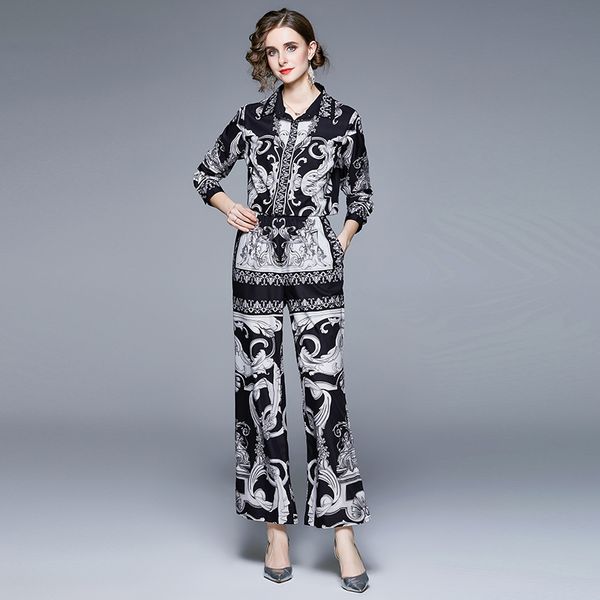 

black set luxury designer baroque pant sets 2023 long sleeve lapel print shirt and wide leg pants vacation suit spring autumn lady office ch, White