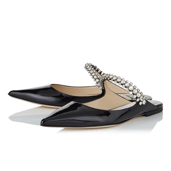 

fashion women pump london bing flat slides sandals italy summer pointed toe slingback crystal ankle strap embellished patent leather design, Black