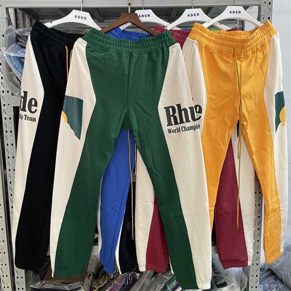 

good quality 2022fw rhude fashion sweatpants men 1 1 patchwork women trousers drawstring moonlight sunset pants mens clothing, Black