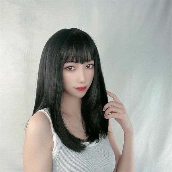 

wig female medium long straight hair air bangs collarbone clip subnet high, Black