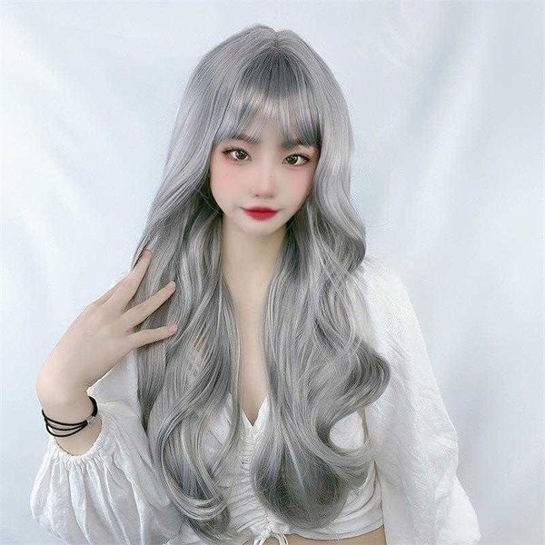 

fashion wig female long curly hair air bangs granny grey, Black