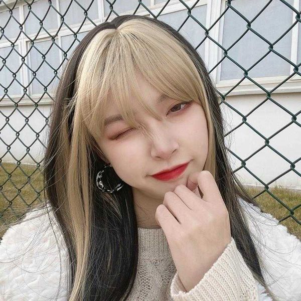 

wig female long hair jennie golden bangs dyed comic internet celebrity natural, Black