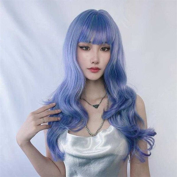 

smokey blue wig female long curly hair corn curler small curls japanese haze, Black