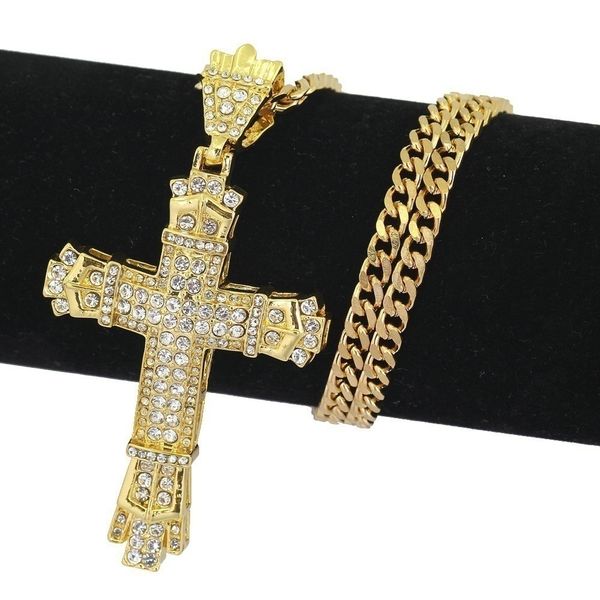 

men's fashion jewelry 18k gold plated diamond stainless steel cross pendant necklace chain, Silver