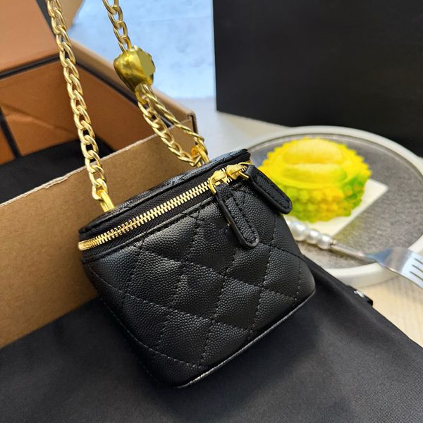 

23p women designer vanity mini box bag crush heart pearl bead caviar leather calfskin cosmetic case gold metal hardware metal chain crossbod