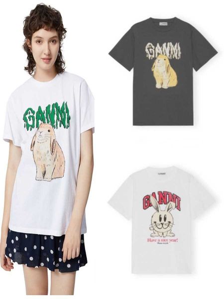 

ganni 23ss women designer t shirt beach tees letter print colorful sun smiling loose men and women pullover top, White