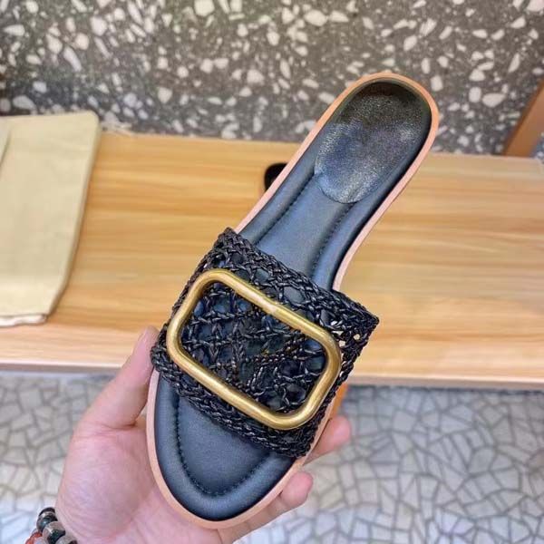 

superior quality designer sandals womens slippers open toe genuine leather flatform wide-band knit vamp ridged outdoor beach flat slipper si, Black