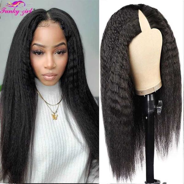 

synthetic wigs brazilian kinky straight human hair wigs yaki u v part full machine for black weman remy 150% density 230227