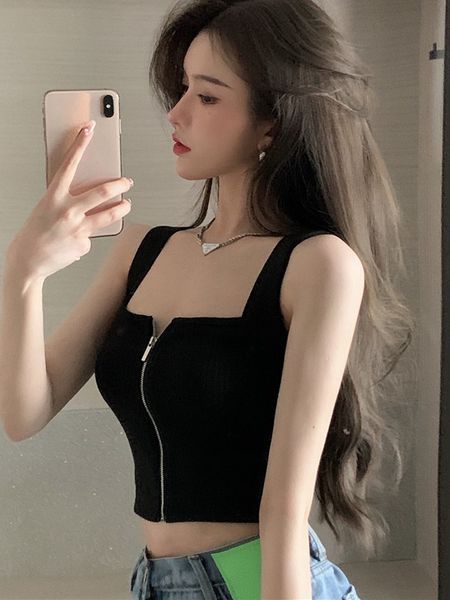 

womens tanks camis y2k women zipper fly camisoles knitted female solid crop women summer tank 230317, White