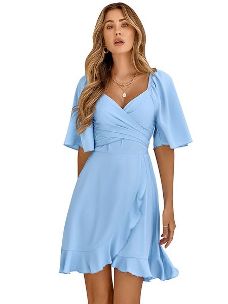 

v-neck short trumpet women's casual dresses flare half sleeves wraped panelled criss cross ruched chest panelled ruffles spring summer, Black;gray