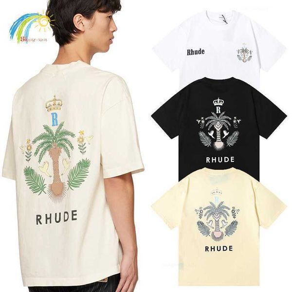 

coconut tree crown pattern rhude men's casual t-shirt women fashion oversized cotton black white apricot rhude short sleeve, White;black