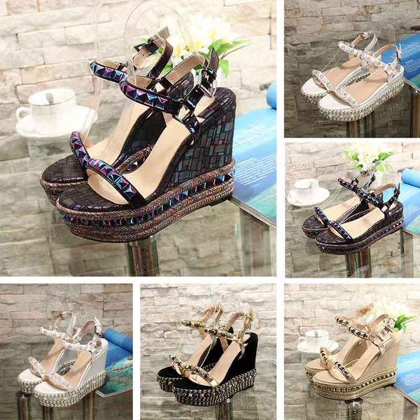 

new high heeled wedge metal spiked sandals pyraclou women low heeled waterproof platform glitter leather woven gem fashion wedding slipper s, Black