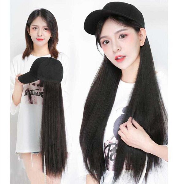 

womens wig integrated hat baseball cap peaked curly hair straight sales, Black