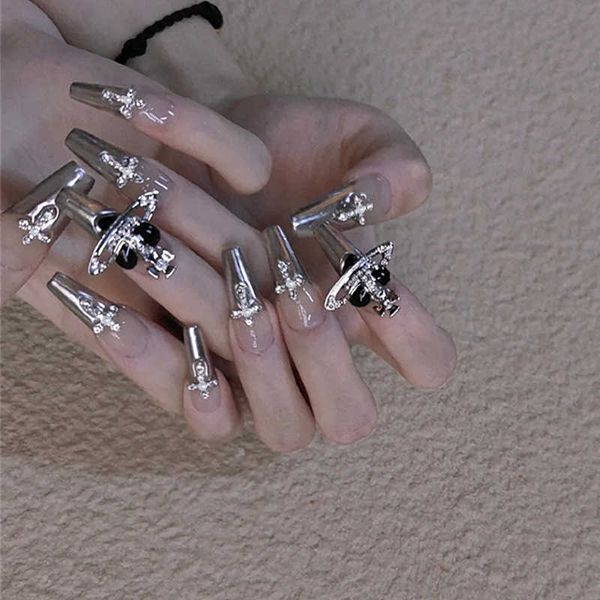 

false nails nina z 255 western empress dowager black sheet long t cross silver french wearing enhancement patch 230318, Red;gold