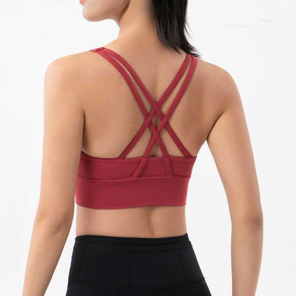 

street running designerlu fitness women sports bra double sided grinding cross back shockproof gathered yoga sports bra vest multiple colors, Red;black