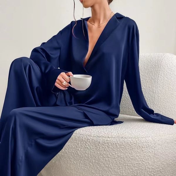 

womens two piece pants autumn winter satin silk sleepwear elegant women loose long sleeve low cut pajamas female tracksuit sets 230317, White