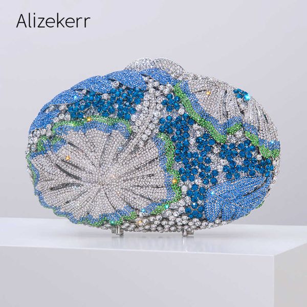 

elliptical sparkling crystal evening bag women boutique flower blue rhinestone metallic clutch purses and handbags wedding party 230318