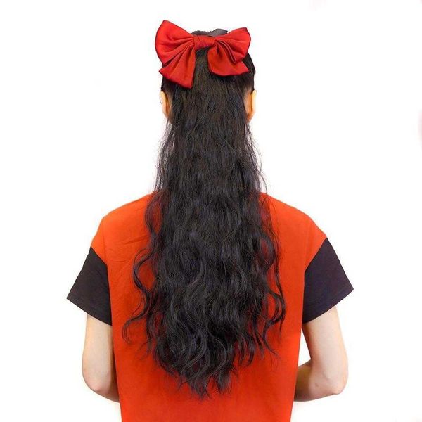 

wig ponytail female bow barrettes tied long hair water ripple corn stigma egg roll, Black