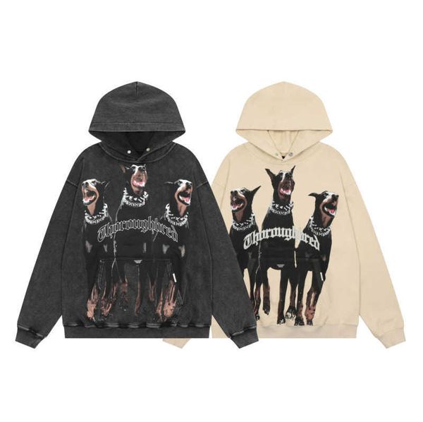 

new designer clothing autumn and winter vintage fashion trend temperament vintage men's hoodie washed to make old represent doberman pi, Black