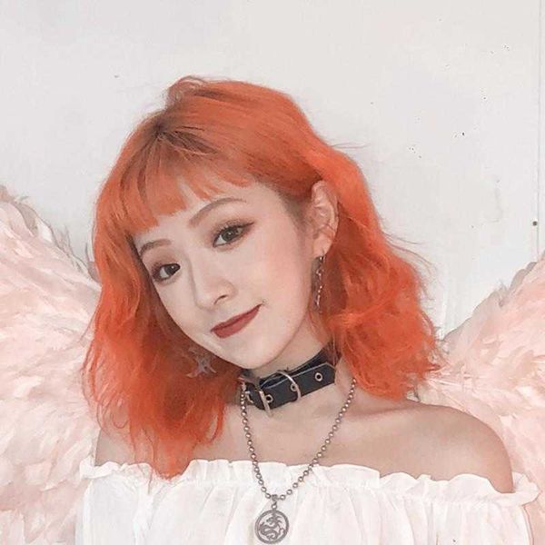 

orange wig womens short egg roll corn curler wool curl see through bang mid length, Black