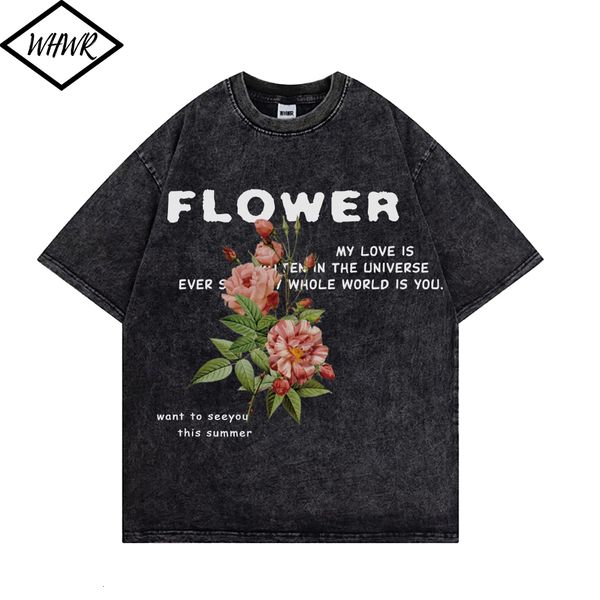 

mens tshirts hip hop streetwear retro wash t shirt floral printed tshirts casual summer short sleeve tees y2k clothes 230317, White;black
