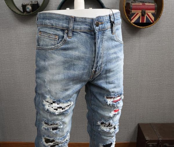 

patches detail biker fit jeans men slim motorcycle for mens vintage distressed denim jean pants3665422, Blue