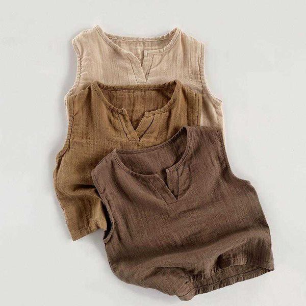 

t-shirts korean style baby boys cotton linen sleeveless t shirts children all match vest summer pure color toddler kids casual loose tank w0, Blue