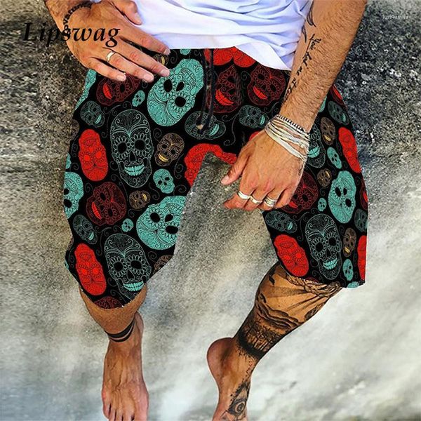 

vintage skull print men cotton linen shorts casual loose drawstring beach short pant for male 2021 summer fashion streetwear 4xl, White;black