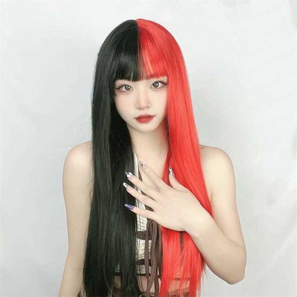 

wig female air bangs long straight hair black red color matching yin and yang high