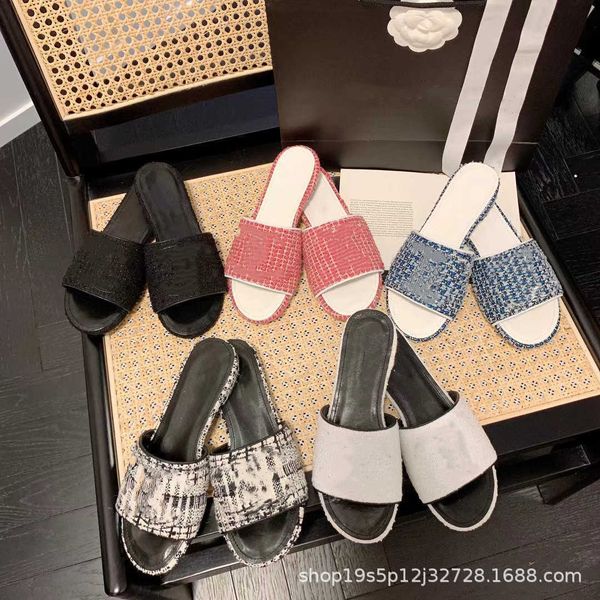 

women slides channel designer sandals slipper small fragrant wind tweed flat slippers women's thick heels wear flip flops and weave bea, Black