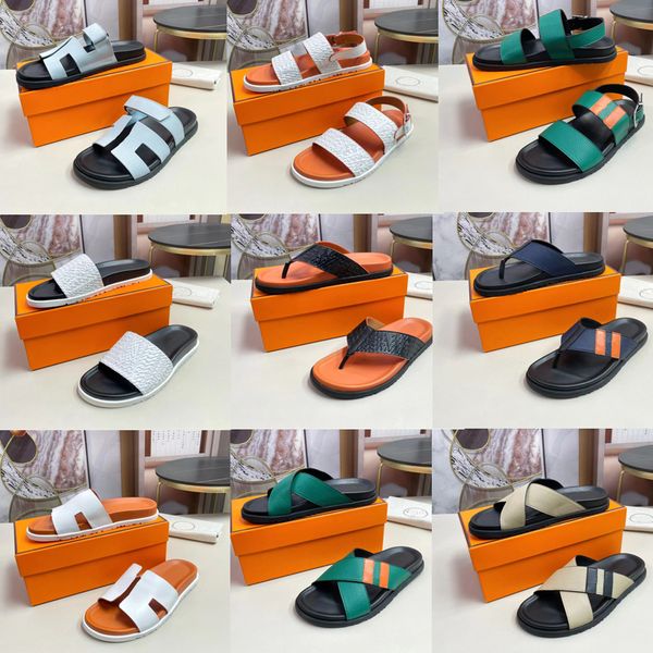 

2023 designer man sandals outdoors beach slide slippers mens luxury fashion genuine leather h slippers nylon patch flat shoes personalized h, Black
