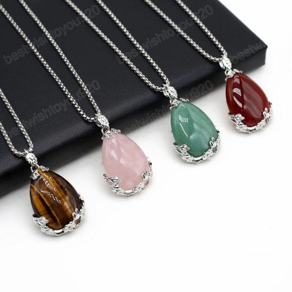 

natural stone pendant necklace opal rose quartz tiger eye link chains healing crystals stone necklace for women jewelry, Silver