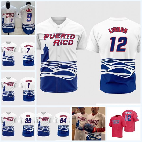 

team puerto rico 2023 wbc wbc baseball jerseys world francisco lindor enrique hernandez javier baez carlos correa jose berrios edwin diaz en, Blue;black