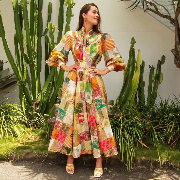 

womens dress australian designer gathered waist stand collar lantern sleeve floral printed long dress, Black;gray