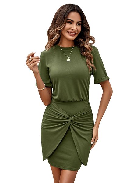 

crew neck short sleeves women's casual dresses mini t-shirt bodycon criss cross bow wrapped buttock covering ruched panelled spring sum, Black;gray