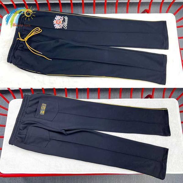 

black striped rhude casual pants men women cotton jogger drawstring trousers crown embroidery rhude sweatpants