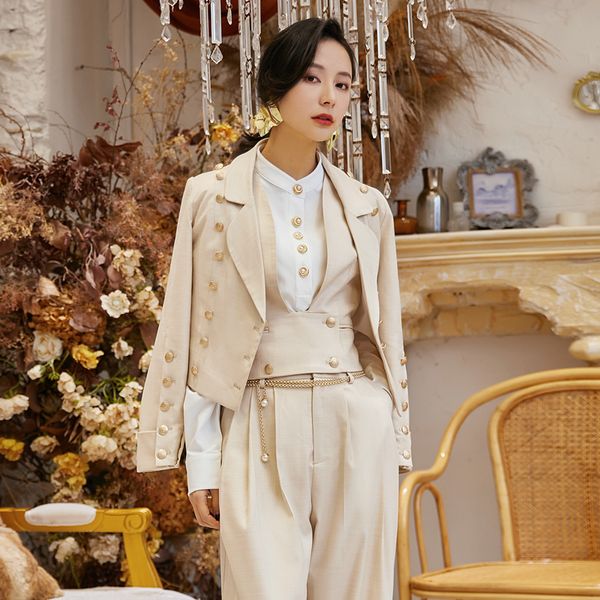 

womens two piece pants aksaya women four set neutral handsome suits brithish vintage elegant pantsuit female double breasted blazer 230317, White