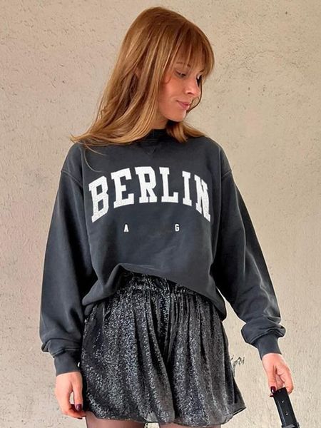 

womens hoodies sweatshirts berlin faded sweatshirt woman autumn winter cotton cosy femme casual vinatge rock washed black pullover 230317
