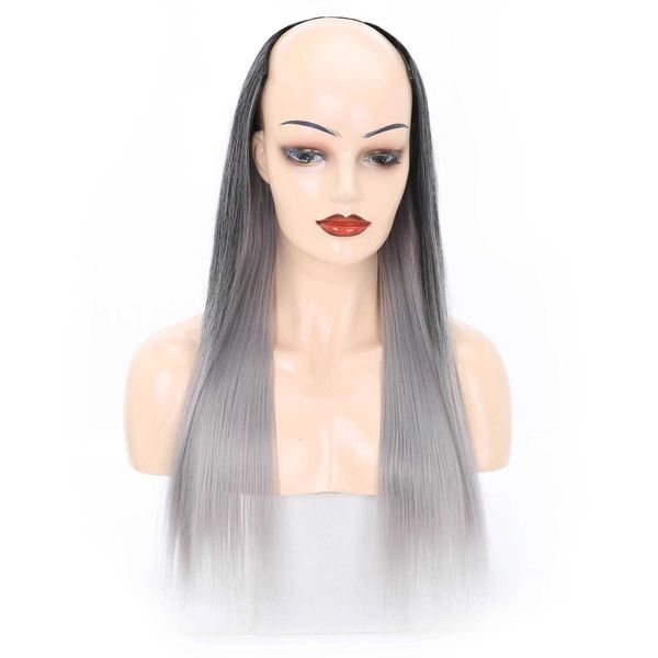 

wig half headgear long straight hair u shaped head cover chemical fiber, Black