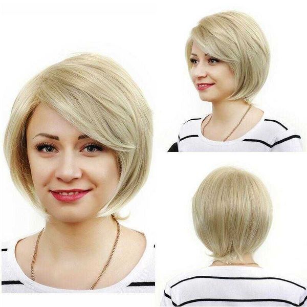 

wig womens short hair light golden side bangs straight bobo headgear, Black