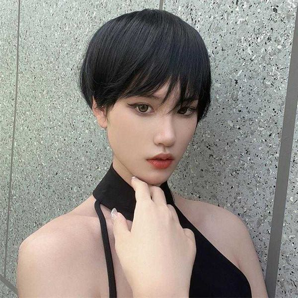

wig womens short hair handsome fashion straight fluffy face shaving chemical, Black
