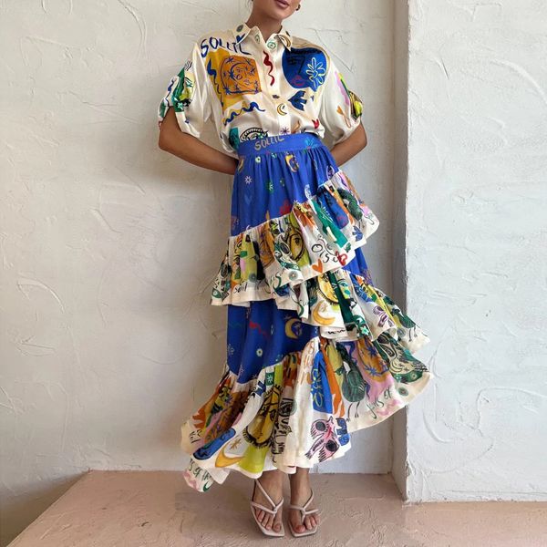 

australian designer skirts linen art painting blue fringed dress, Black