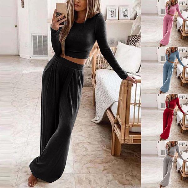 

autumn women's solid knitted casual home wear slim two-piece wide leg pants set ladies clothes winter fashion commuter suit, White