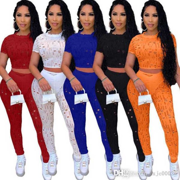 

designer women two piece pants set tracksuits summer holed crew neck short sleeve crop and leggings sport outfit, White