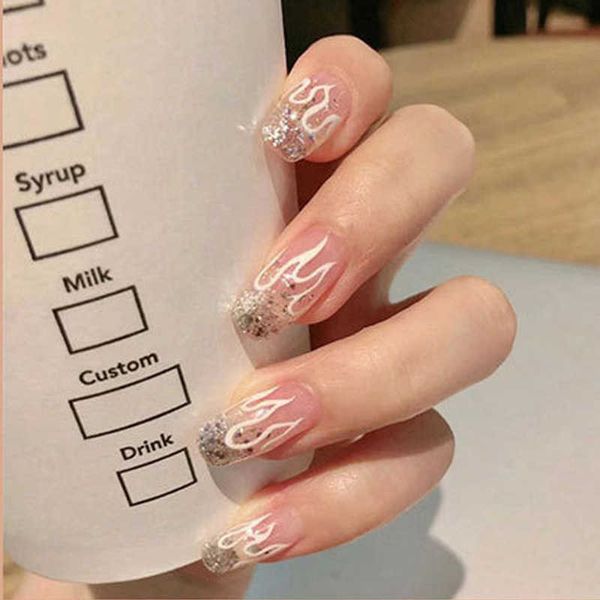 

false nails xiangqiongyuli wearing flame flashing long finished enhancement sheet removable patch 230318, Red;gold